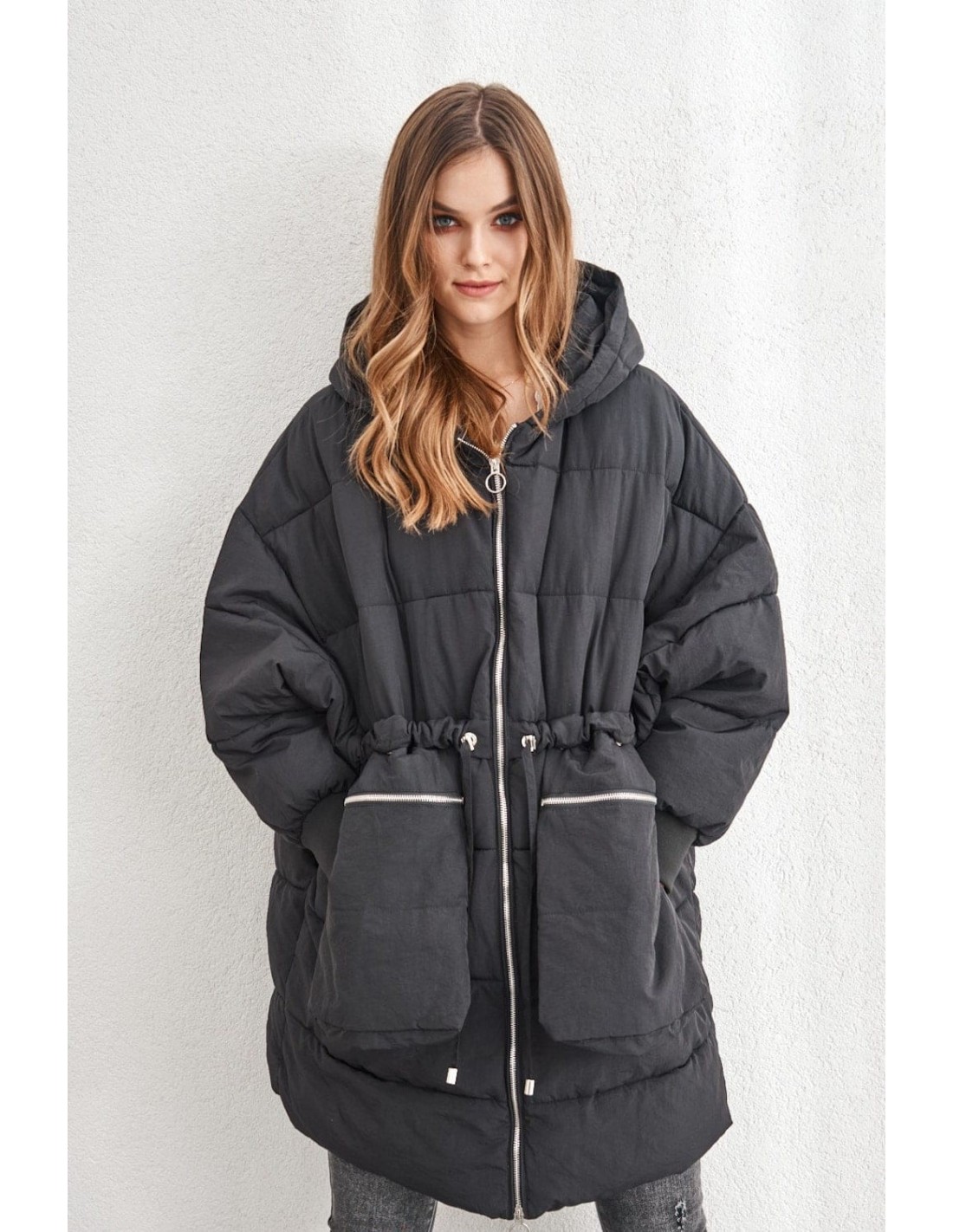 Warm oversize jacket with hood, black 1537 - Online store - Boutique